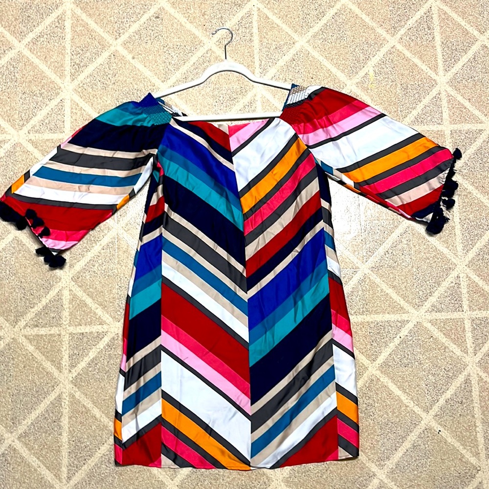 Trina Turk Los Angeles Multi Chevron Off Shoulder Dress Medium Tassel Sleeve